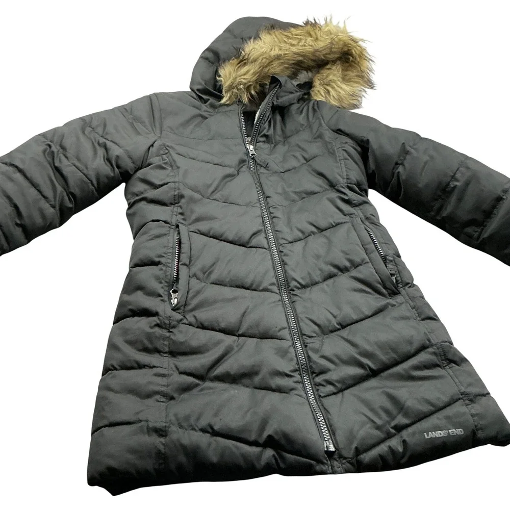 Lands' End Puffer Parka Faux Fur Hood Black Girl Small PrimaLoft Quilted Coat